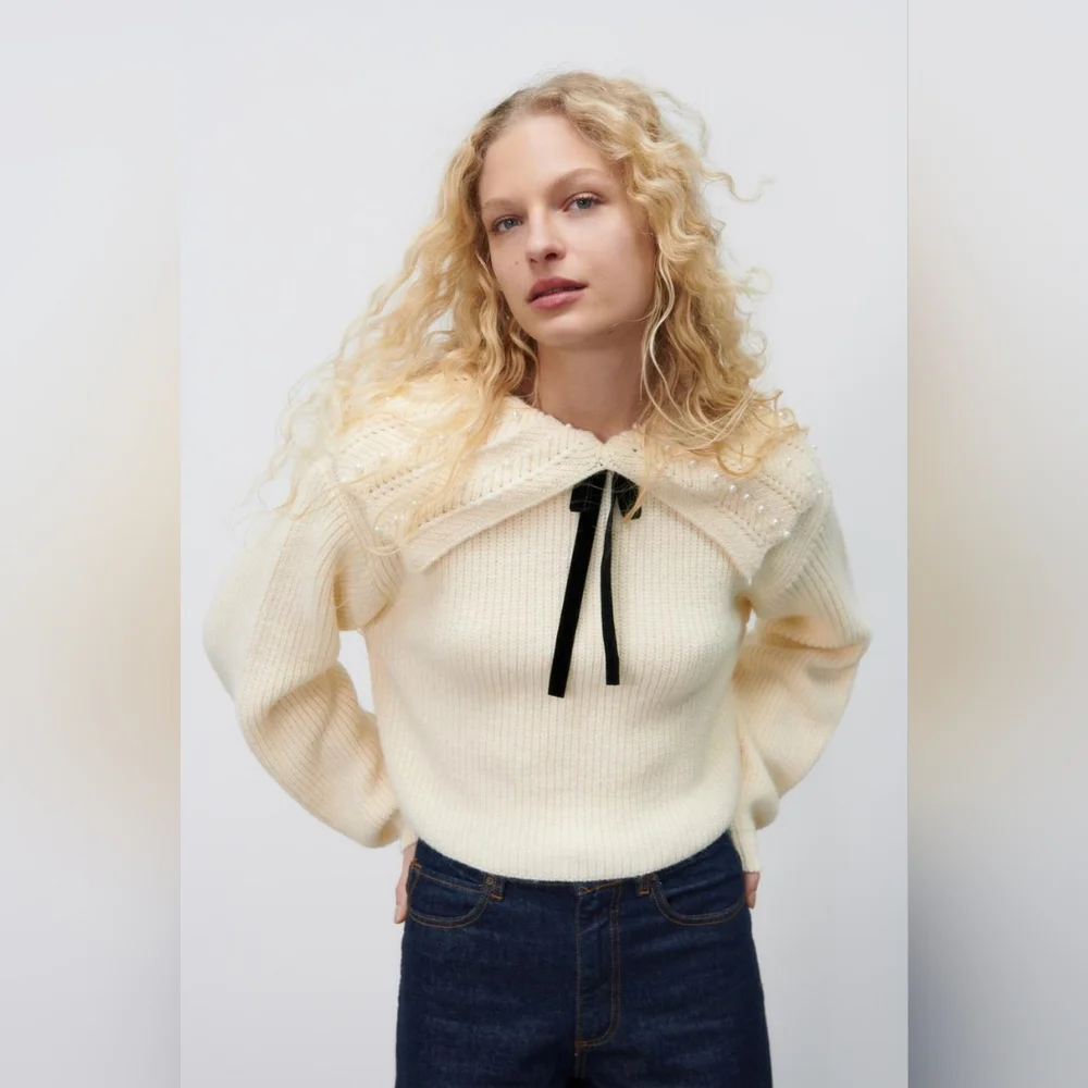 Zara Faux Pearl Sweater Big Collar Velvet Bow Top Cream Small - Picture 3 of 9